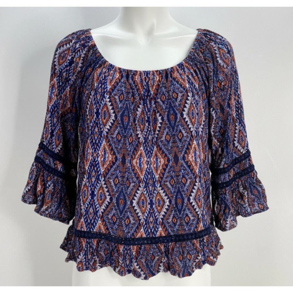 GNW Blouse Size S Blue Boho Bohemian Hippie Prairie Artsy Festival